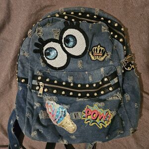Unique Stunning Backpack. Distressed Soft Denim. Patches. Embroidery Bling Euc